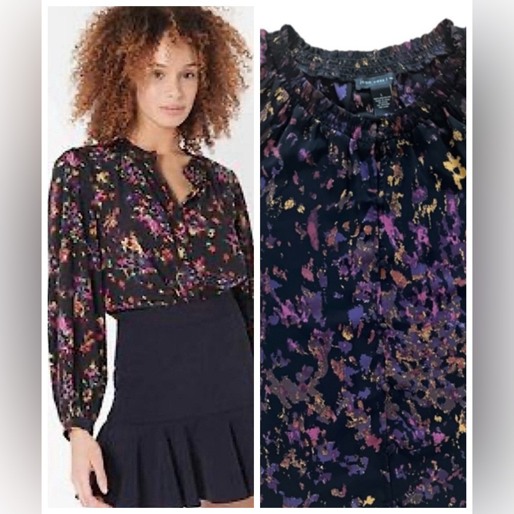 Joan Vass Black Blouse with Purple & Gold Floral Splatter
